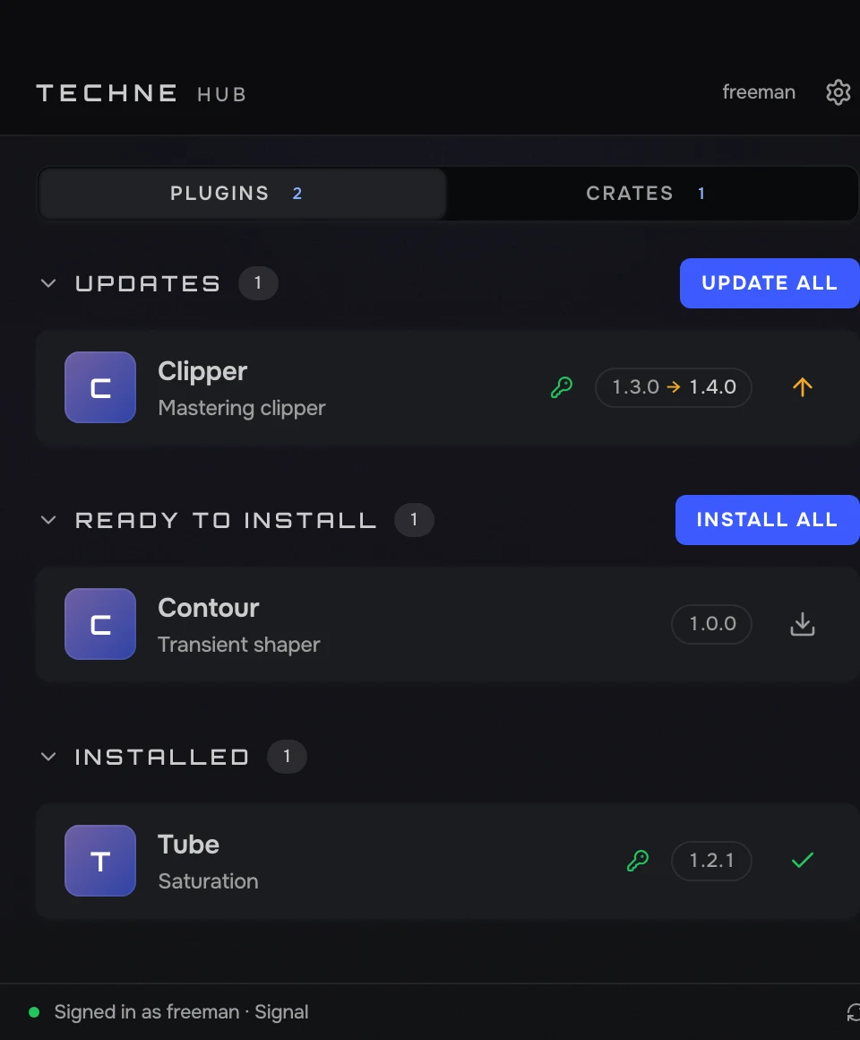 Techne Hub: one update ready, one plugin ready to install, one installed