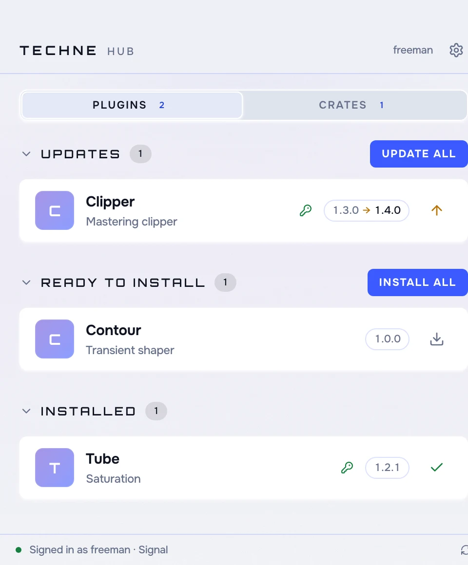 Techne Hub: one update ready, one plugin ready to install, one installed