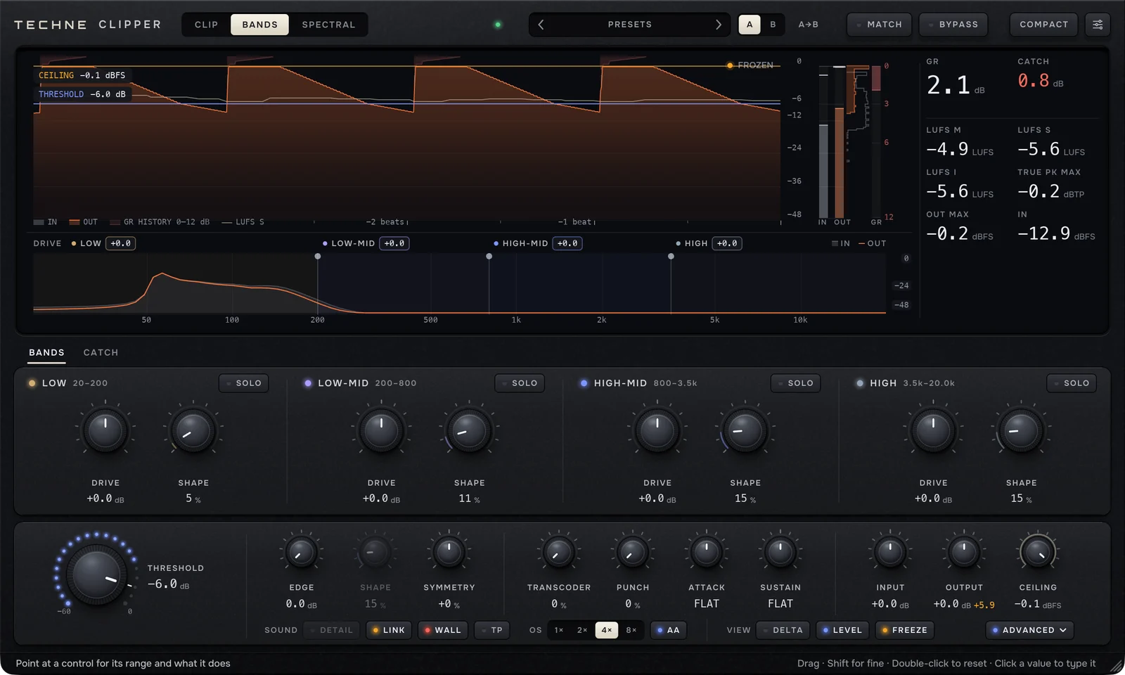 Clipper in BANDS with ADVANCED open: the lane shows the input and output spectra with three split handles and a DRIVE value for each band; the drawer shows LOW, LOW-MID, HIGH-MID and HIGH, each with DRIVE and SHAPE dials and a SOLO key.