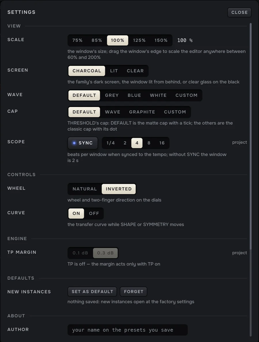 The SETTINGS panel: VIEW with SCALE, SCREEN, WAVE, CAP and SCOPE; CONTROLS with WHEEL and CURVE; ENGINE with TP MARGIN; DEFAULTS with SET AS DEFAULT and FORGET; and the start of ABOUT with AUTHOR.
