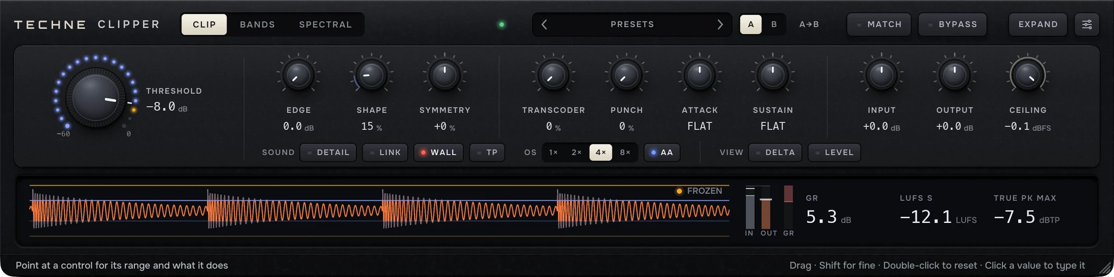 Techne Clipper in COMPACT: THRESHOLD and the dial bar over a small level history, with gain reduction, loudness and true-peak readings