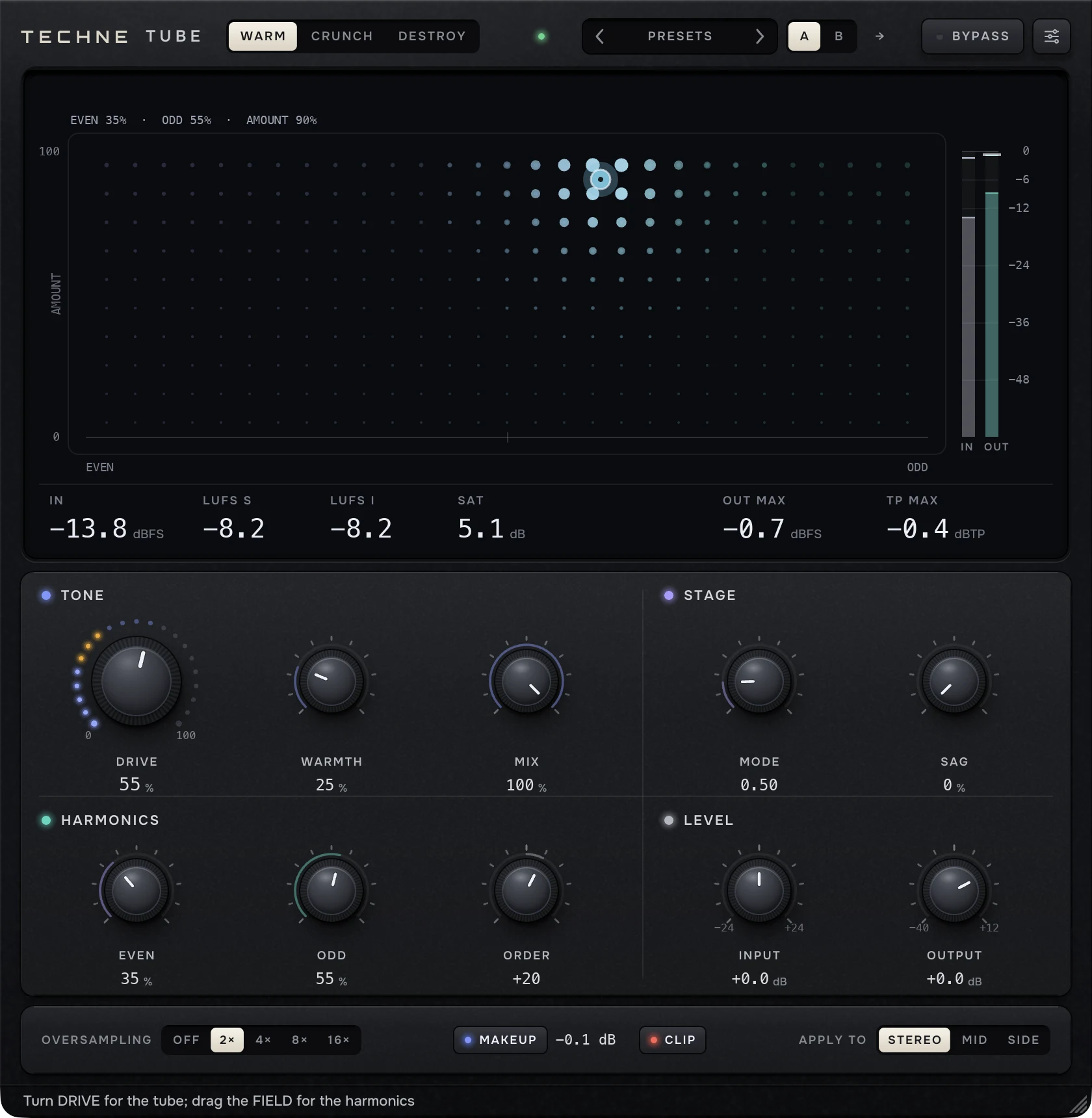Techne Tube: the FIELD on its dark screen above the TONE, STAGE, HARMONICS and LEVEL dials, DRIVE lit by the signal